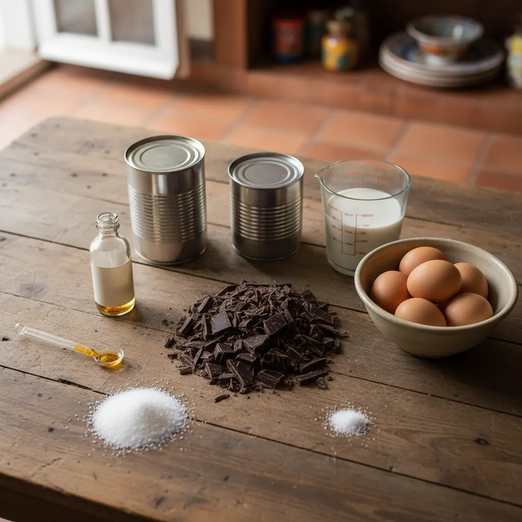 Flan Cubano: Ingredientes Frescos para Postre Auténtico Ingredientes frescos para flan cubano: chocolate, leche, huevos, azúcar, vainilla.