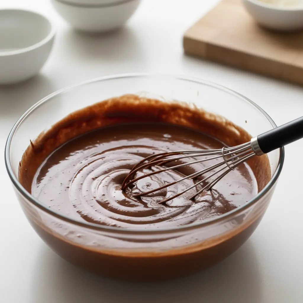 Flan de chocolate: mezcla cremosa y sin grumos Mezcla de flan de chocolate oscuro y homogénea en bol, con varillas. Cocina.