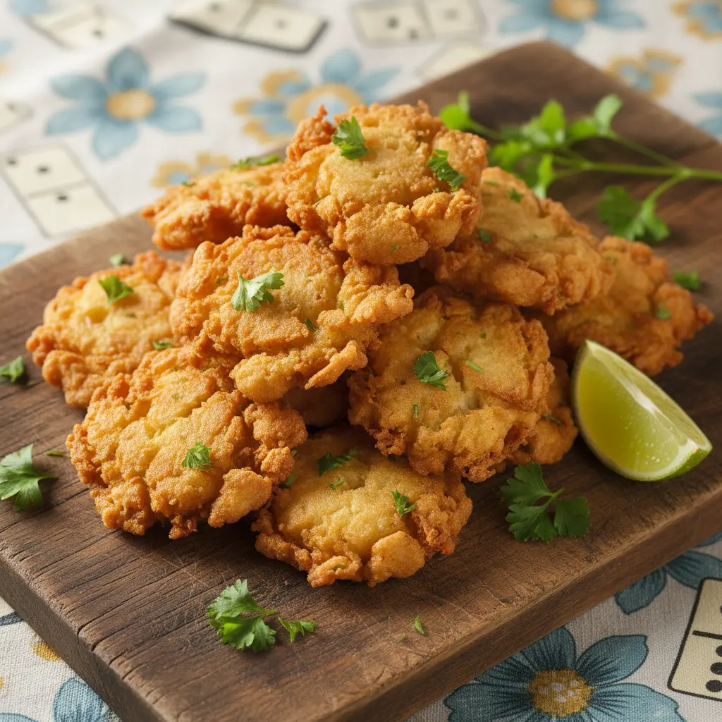 Bacalaitos fritos dorados y crujientes con perejil y limón en tabla rústica.