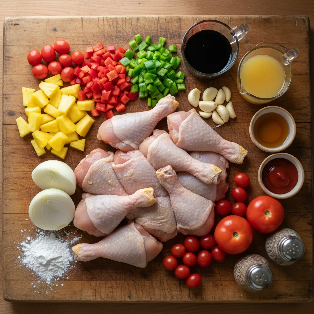 Pollo a la Hawaiana Cubano: Ingredientes Frescos Ingredientes crudos para pollo a la hawaiana cubano: pollo, piña, pimientos, cebolla, ajo, tomate.