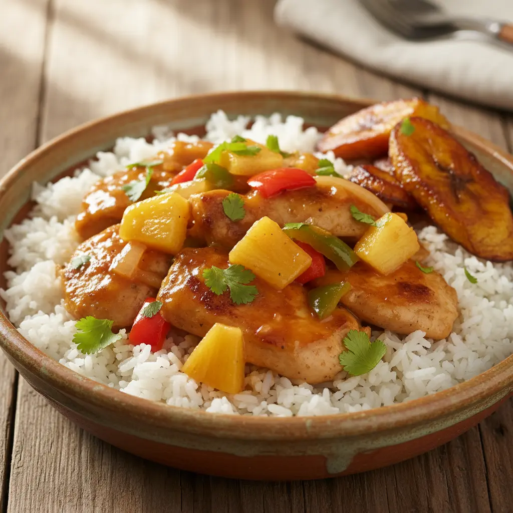 Pollo Hawaiano Cubano Casero Pollo a la Hawaiana cubano con piña, pimientos y arroz blanco en tazón rústico.