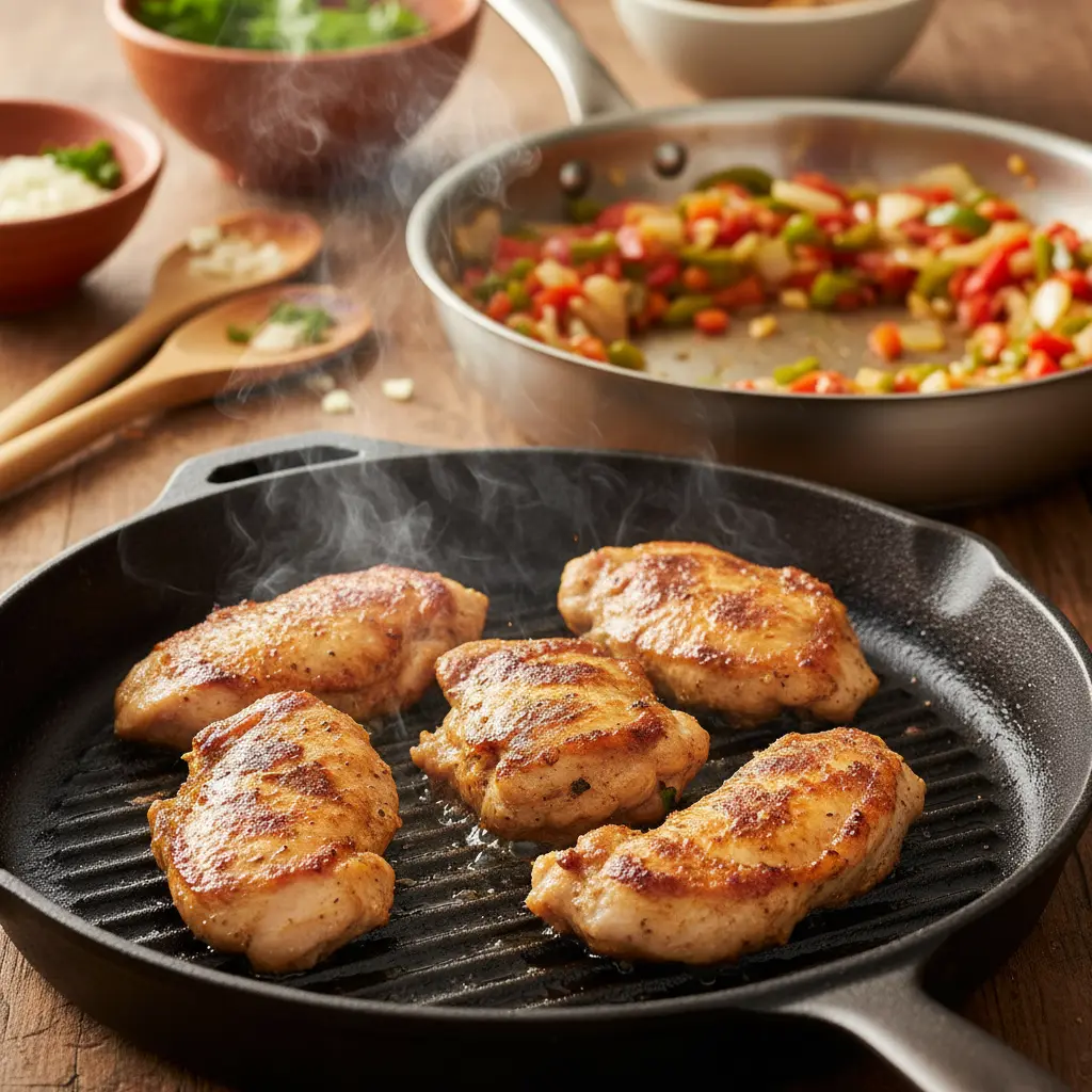 Pollo y sofrito caseros en cocina Pollo dorado dorándose en sartén de hierro fundido con sofrito colorido de verduras.