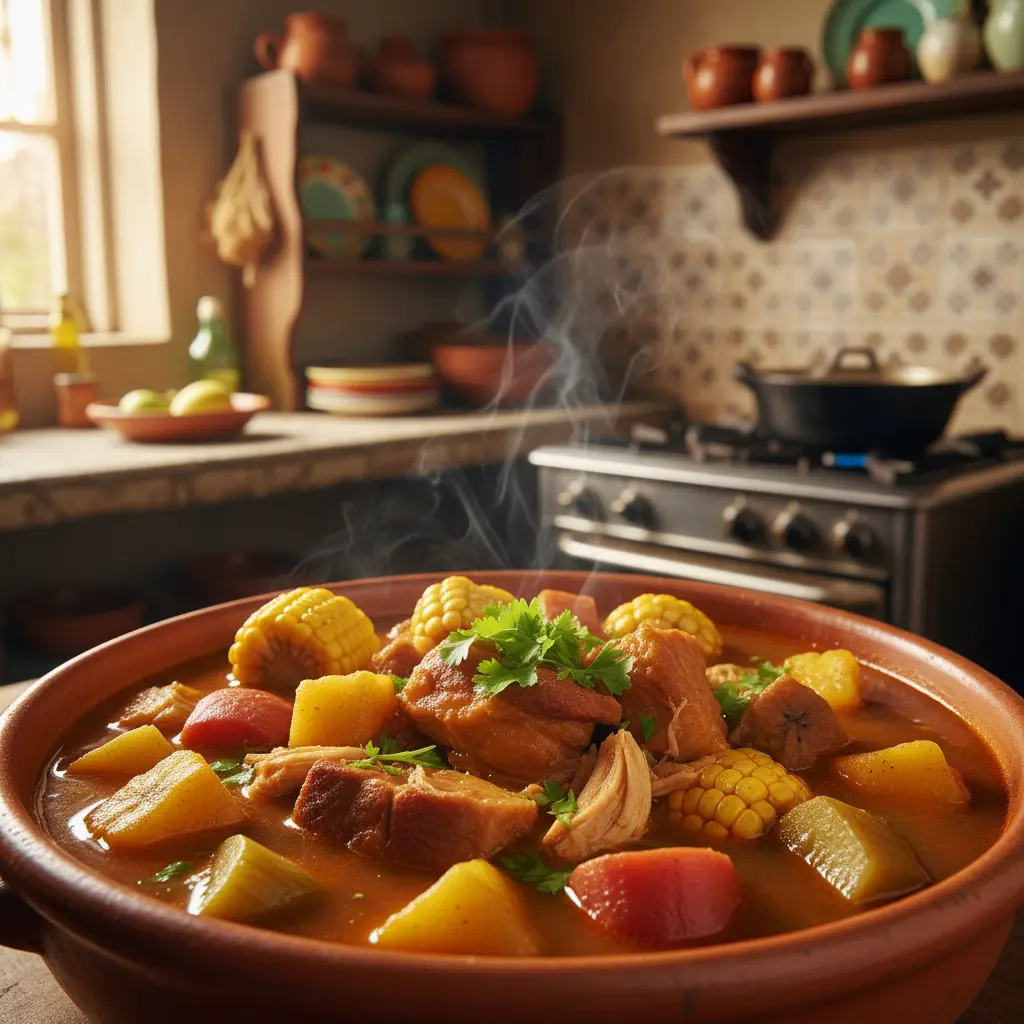 Ajiaco cubano humeante: cerdo, pollo, yuca, plátano, maíz y verduras.
