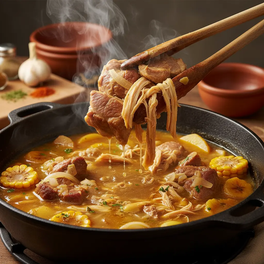 Cerdo y pollo tiernos en caldo burbujeante de ajiaco cubano, con ajo y cebolla.