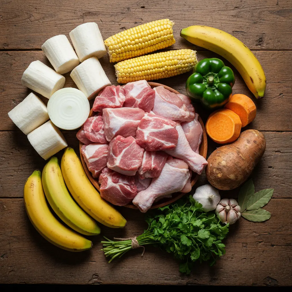 Ingredientes crudos para ajiaco cubano: cerdo, pollo, yuca, plátano, maíz, boniato, malanga, cebolla, pimiento, ajo, cilantro, laurel.