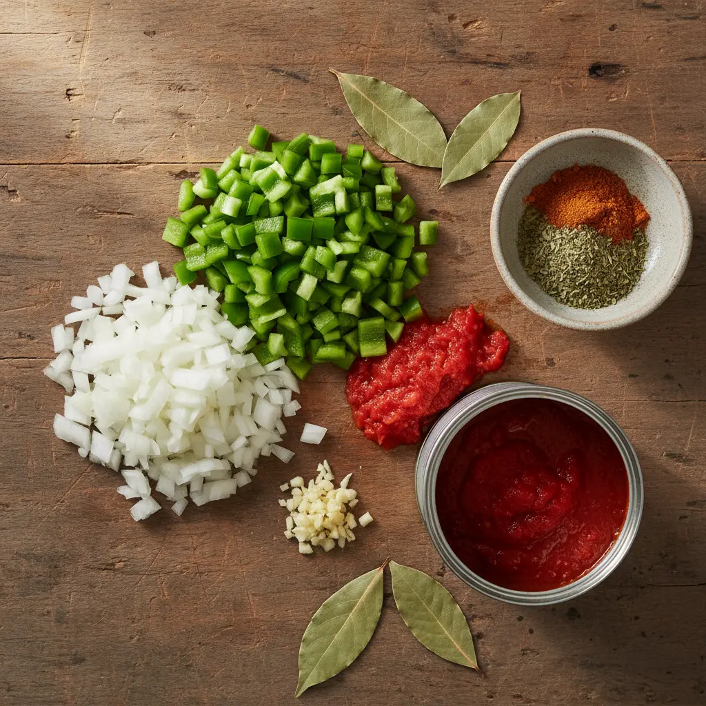 Sofrito cubano fresco: cebolla, pimiento verde, ajo, tomate, comino, orégano, laurel.