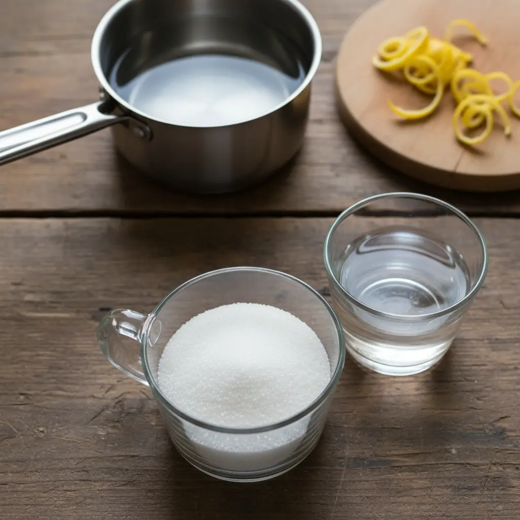 Azúcar granulada blanca, agua filtrada y cáscara de limón en tazas y cazo. Preparación dulce.
