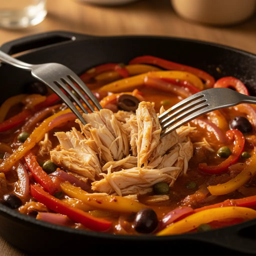 Aporreado de pescado: desmenuzado en escabeche Aporreado de pescado desmenuzado en sartén con escabeche rojo, pimientos y cebolla.