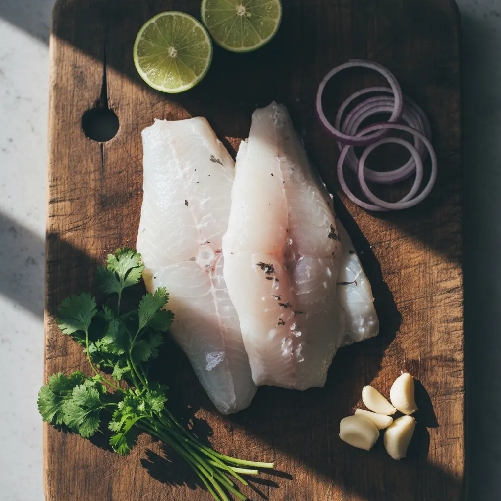 Pescado fresco: ingredientes para cocinar Filetes de pescado blanco fresco con cilantro, cebolla roja, ajo y lima en tabla de madera.