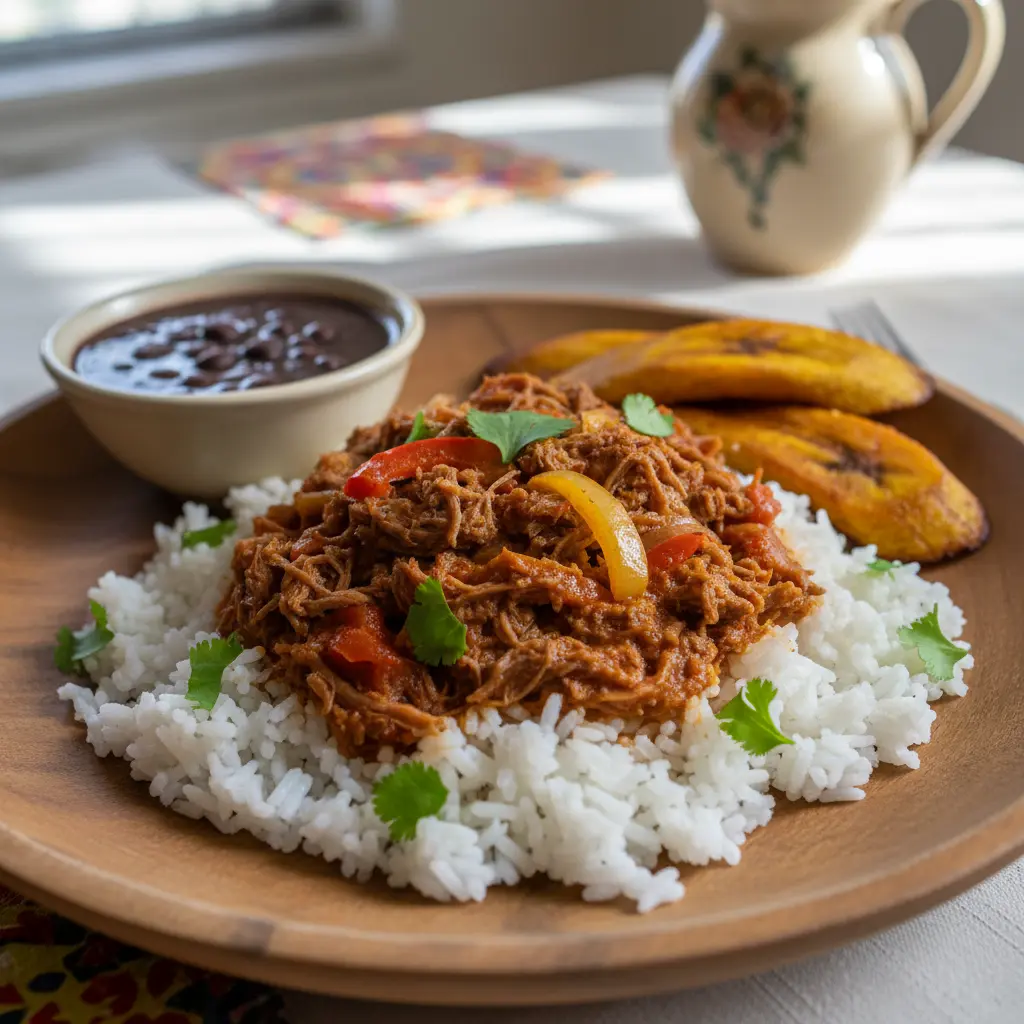 Carne de res guisada cubana con arroz, frijoles negros y maduros fritos.