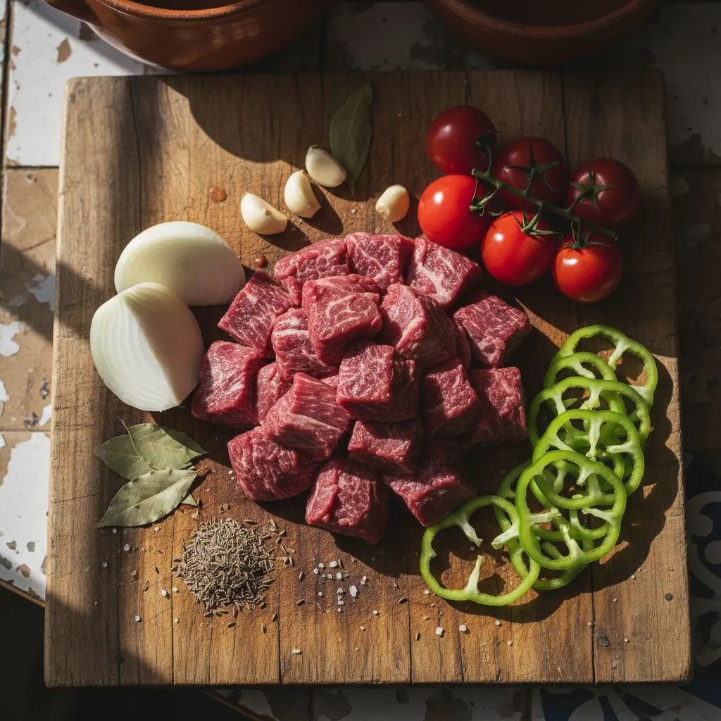 Ingredientes crudos para carne de res guisada cubana: carne, cebolla, pimientos, ajo, tomate, comino.