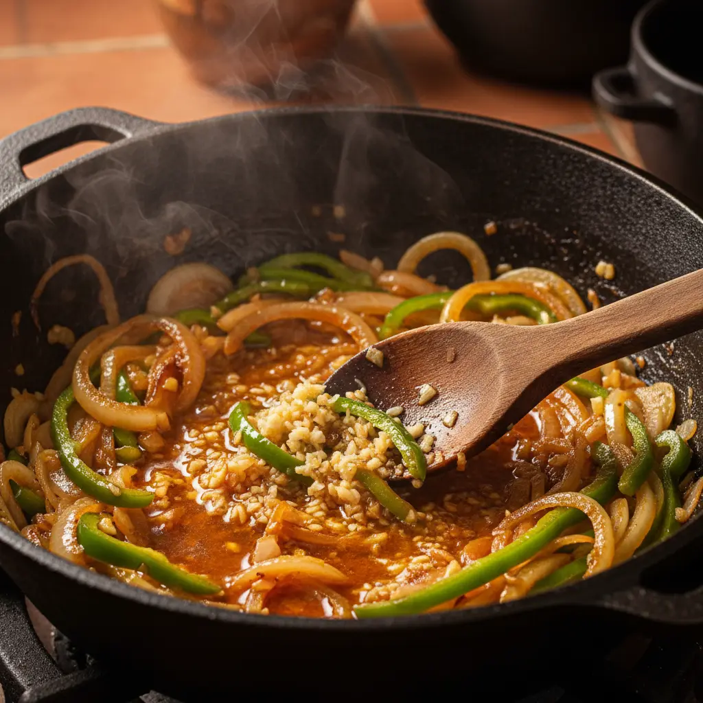 Sofrito cubano dorado en caldero, cebolla y pimiento salteados con ajo.