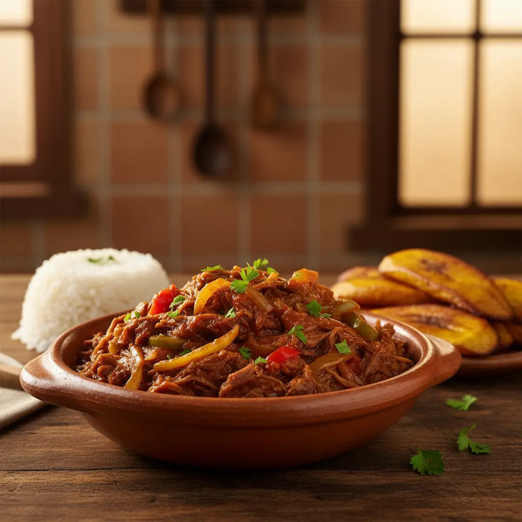 Auténtico Aporreado de Tasajo Cubano Aporreado de tasajo cubano con arroz y maduros en tazón rústico.