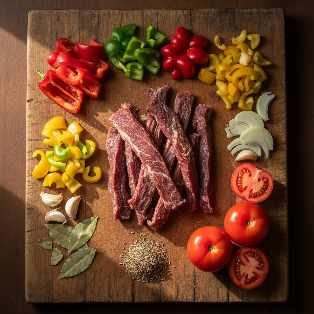 Cocina Cubana: Ingredientes para Tasajo Tasajo crudo, pimientos, cebolla, ajo, tomate, laurel y comino en tabla rústica.