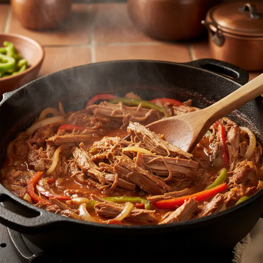 Tasajo cubano en caldero: ¡delicioso y tradicional! Tasajo cubano cocinándose en caldero con cebolla y pimientos, salsa rojiza.