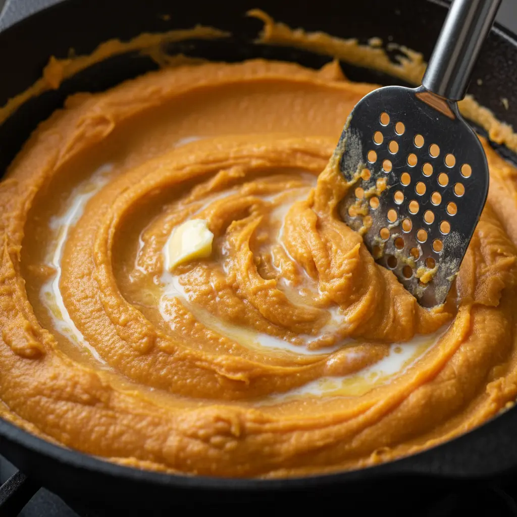 Puré cremoso de batata naranja machacado en caldero cubano con mantequilla y leche.