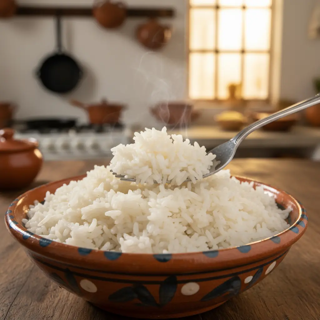 Arroz blanco cubano esponjoso en cuenco, textura perfecta con tenedor.