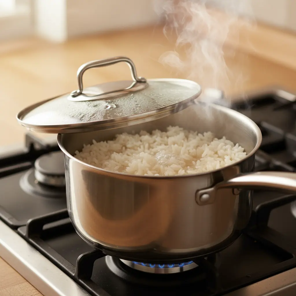 Arroz blanco esponjoso absorbiendo líquido en olla de acero inoxidable, vapor suave.