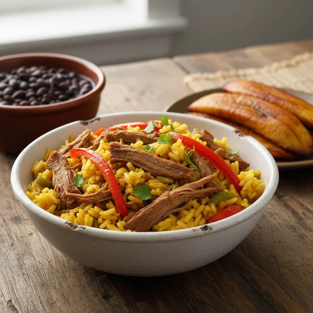 Arroz con carne de res cubano con frijoles negros y maduros.