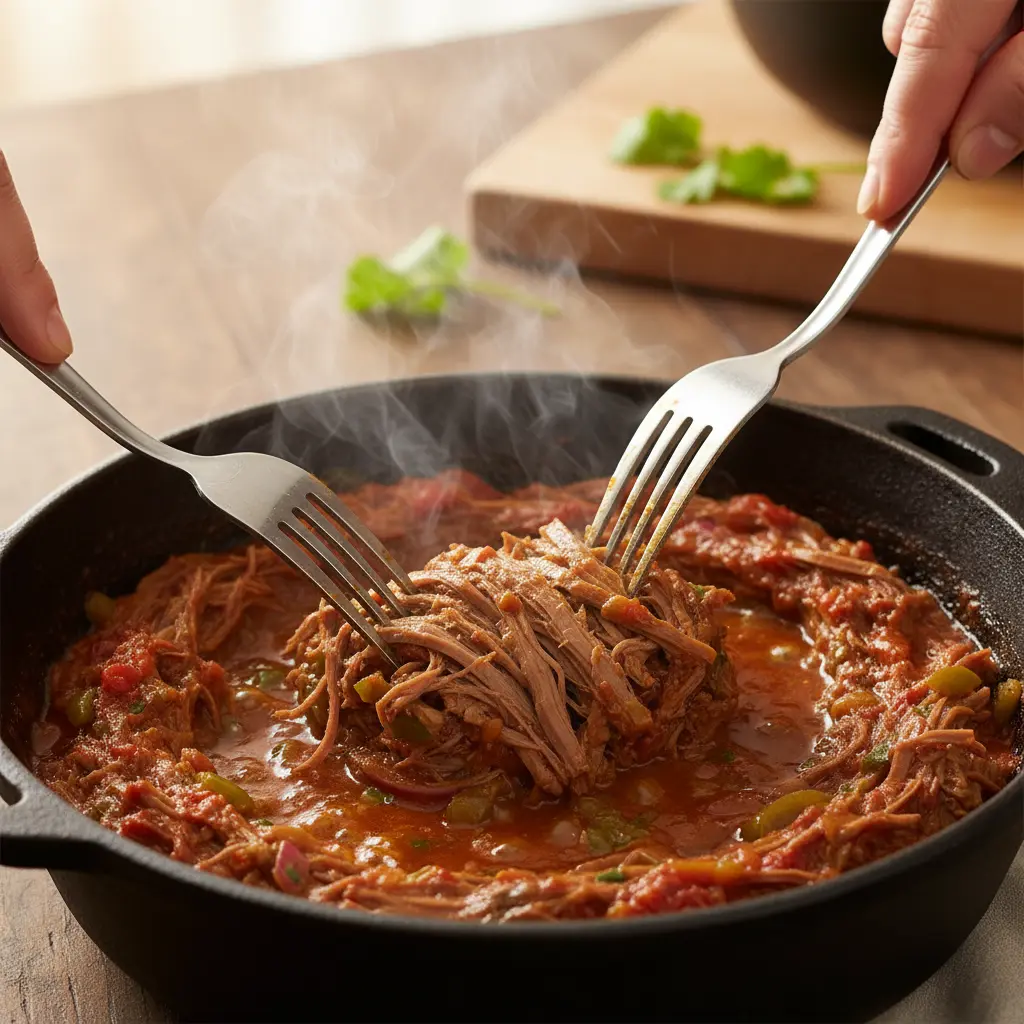 Ropa vieja de res deshebrada en caldero cubano, con salsa roja y vegetales.