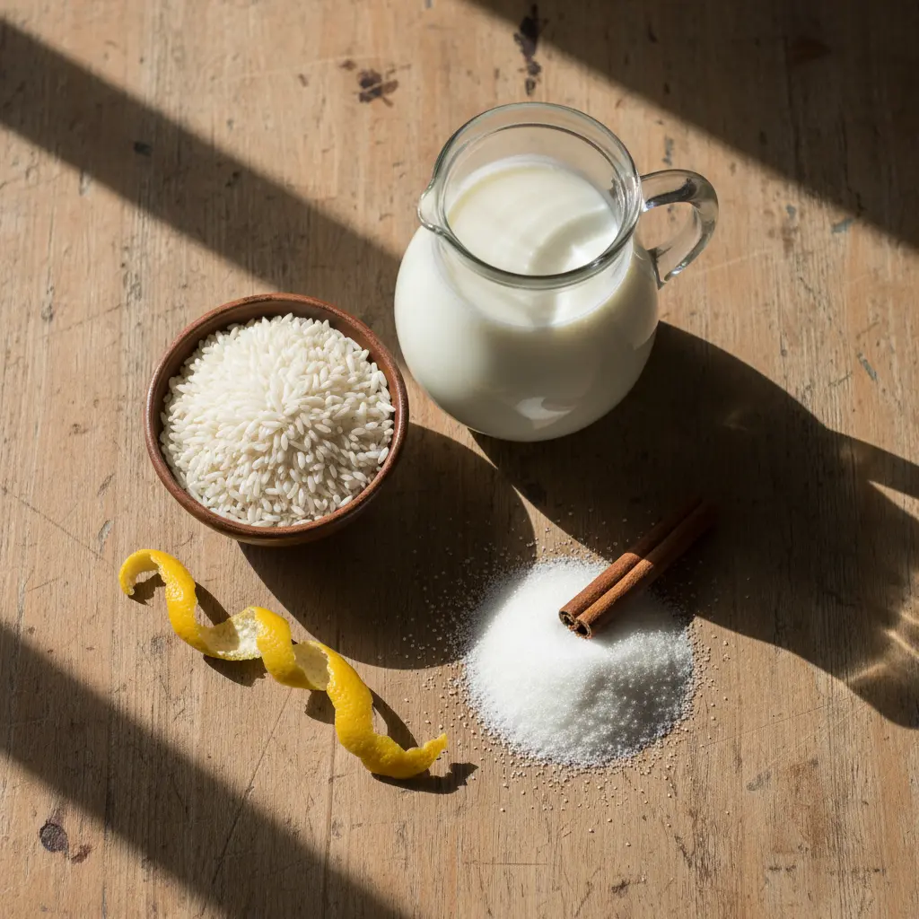Ingredientes para arroz con leche cubano: arroz, leche, azúcar, canela, limón.