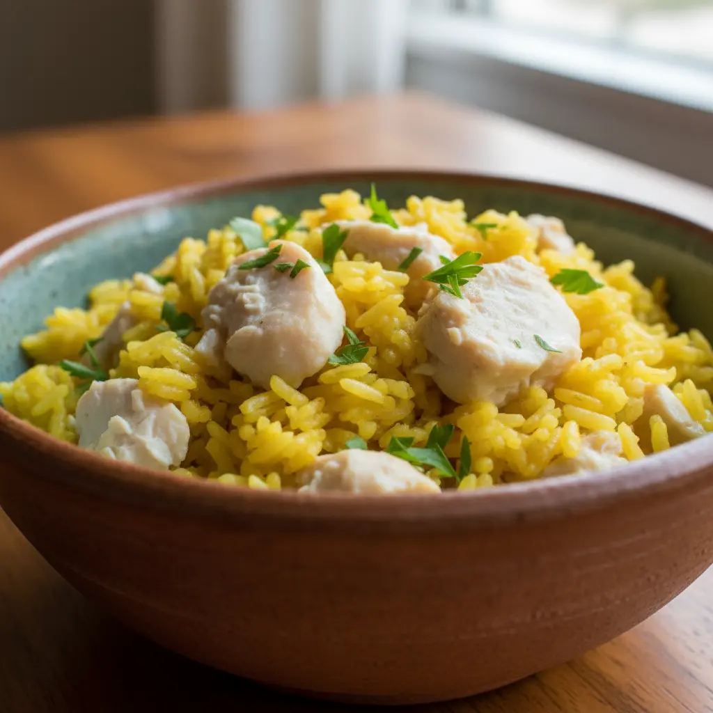 Arroz con pescado cubano en plato rústico, con perejil fresco.