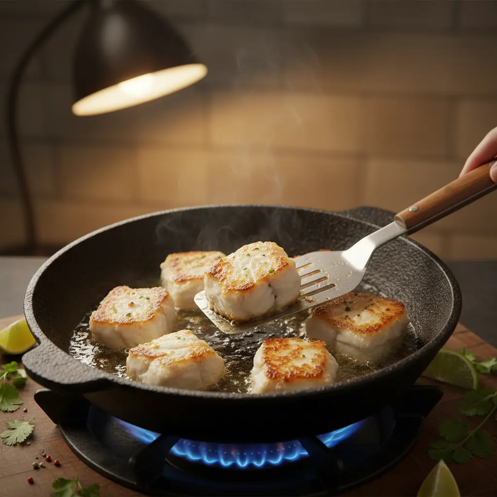Filetes de pescado blanco dorándose en caldero cubano rústico, cocción media-alta.