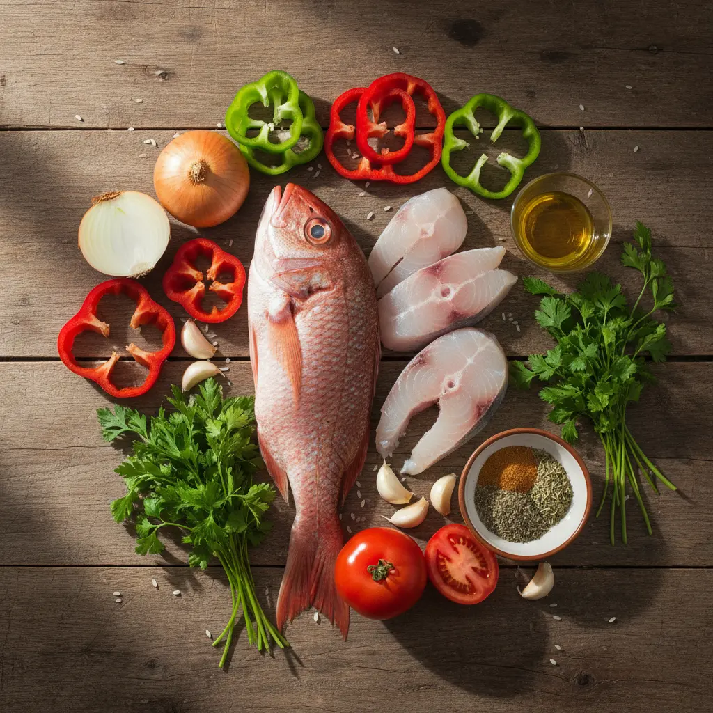 Ingredientes frescos para arroz con pescado cubano: pescado, pimientos, cebolla, ajo, tomate, hierbas, especias y aceite.