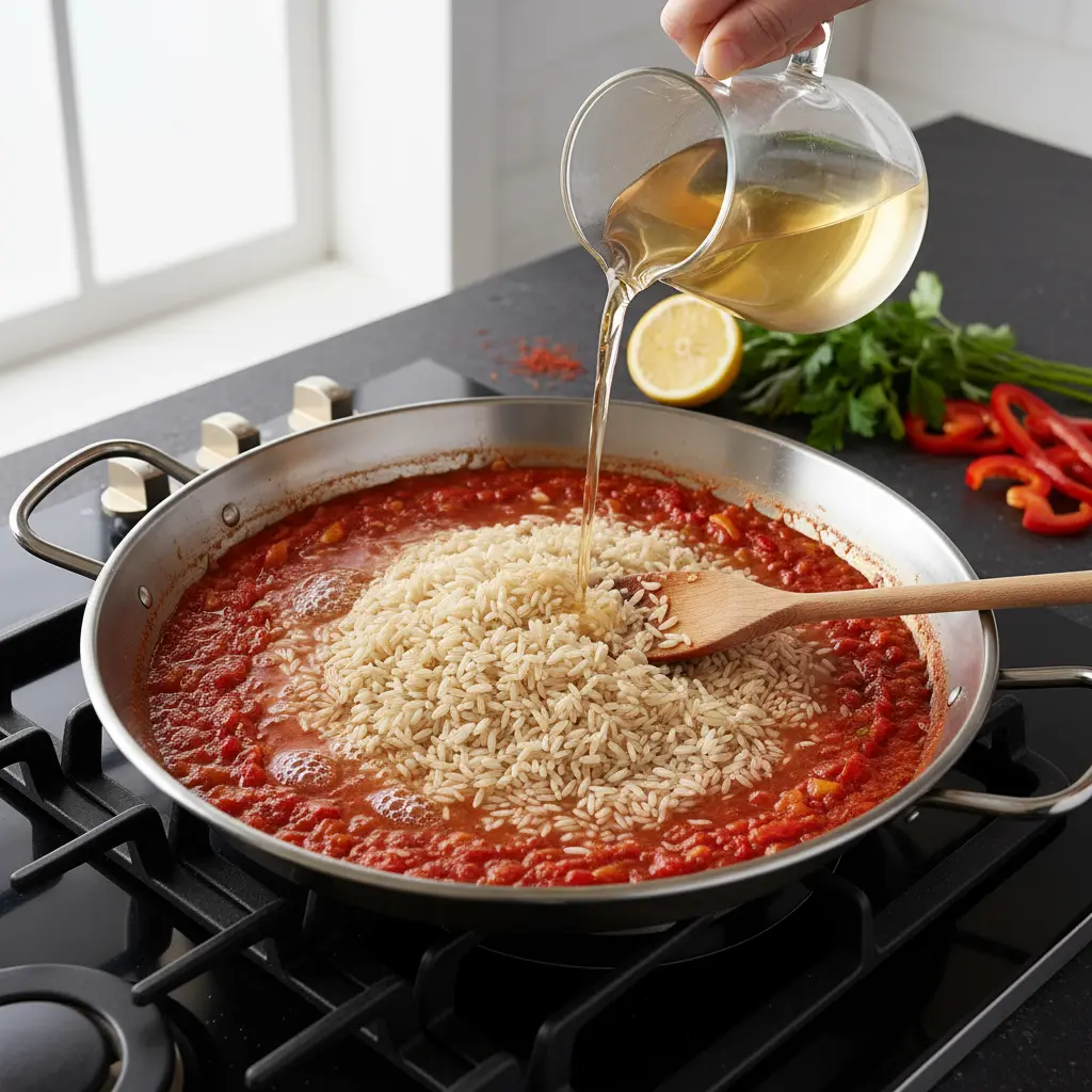 Paella cruda en sartén con sofrito rojo, arroz y caldo vertiéndose. Cocina.