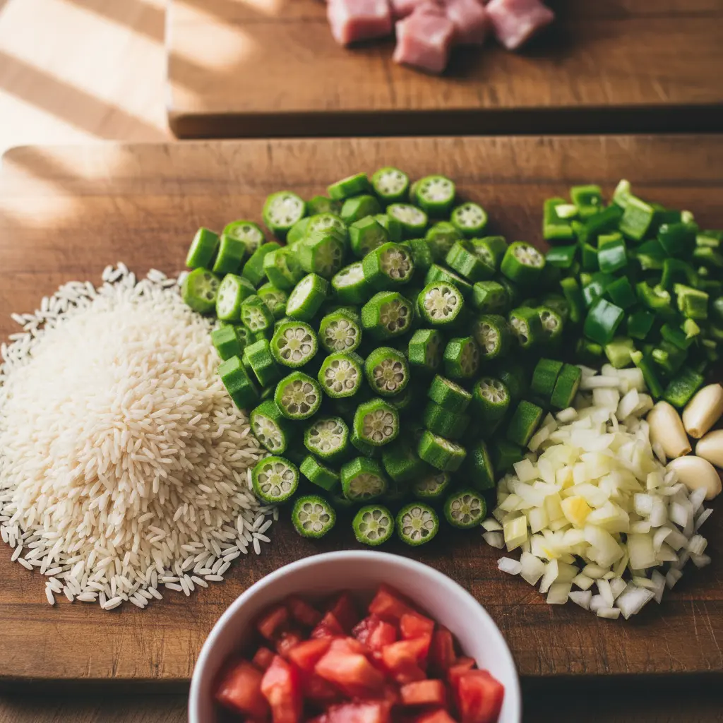 Arroz con quimbombó: okra, arroz, cebolla, pimiento, ajo, tomate y cerdo.