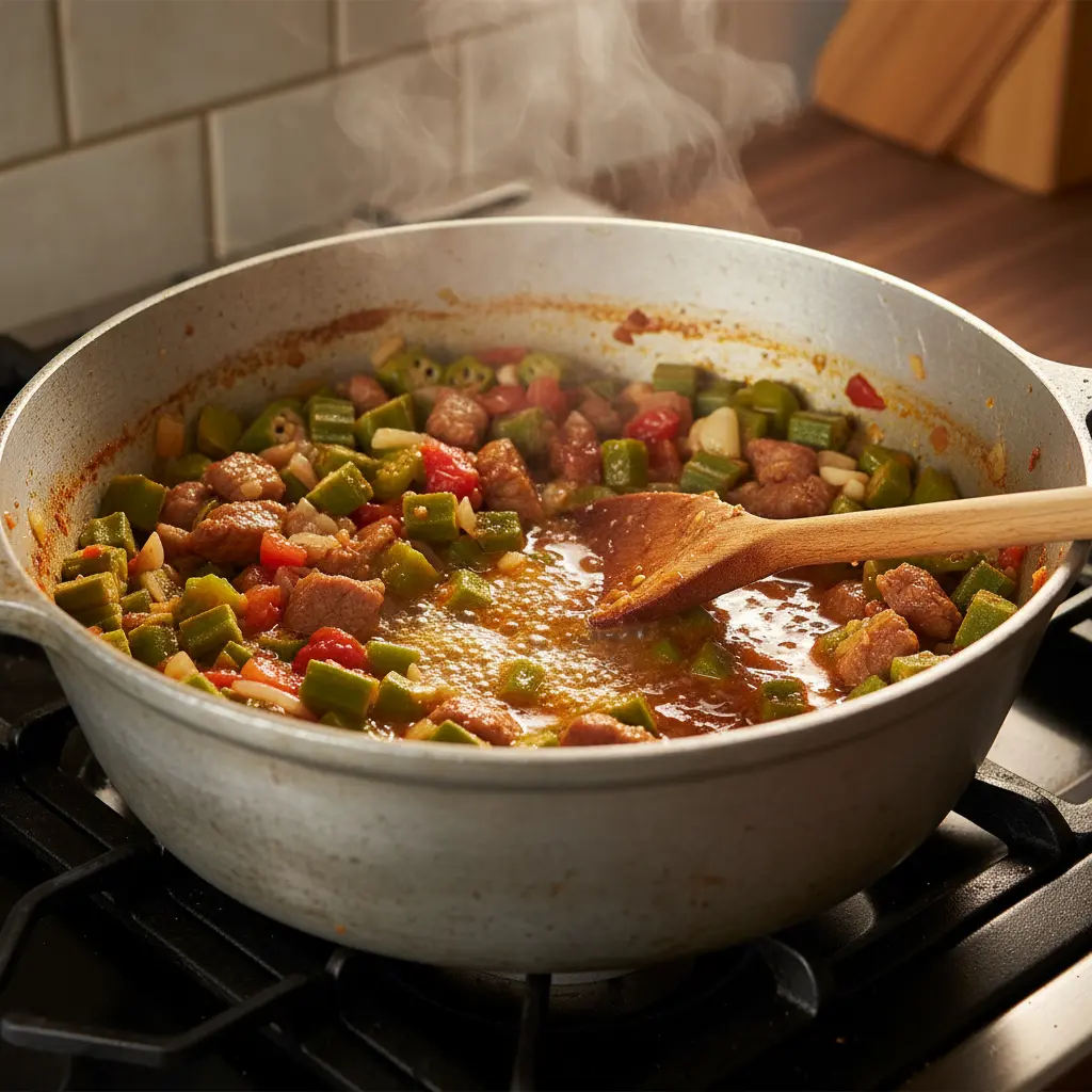 Caldero cubano con okra, cerdo y sofrito burbujeando en la estufa.