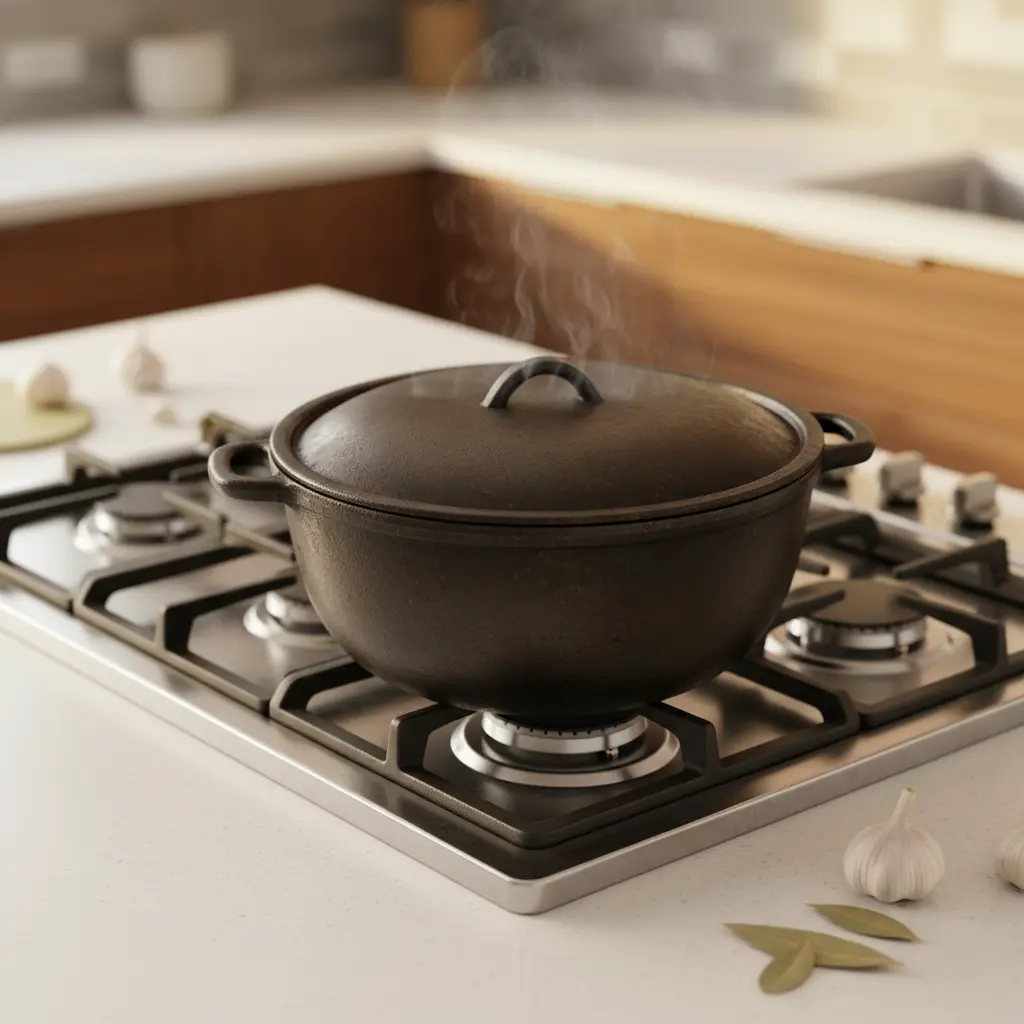 Caldero cubano tradicional con tapa hermética cocinando en estufa, con vapor escapando. Cocina limpia.