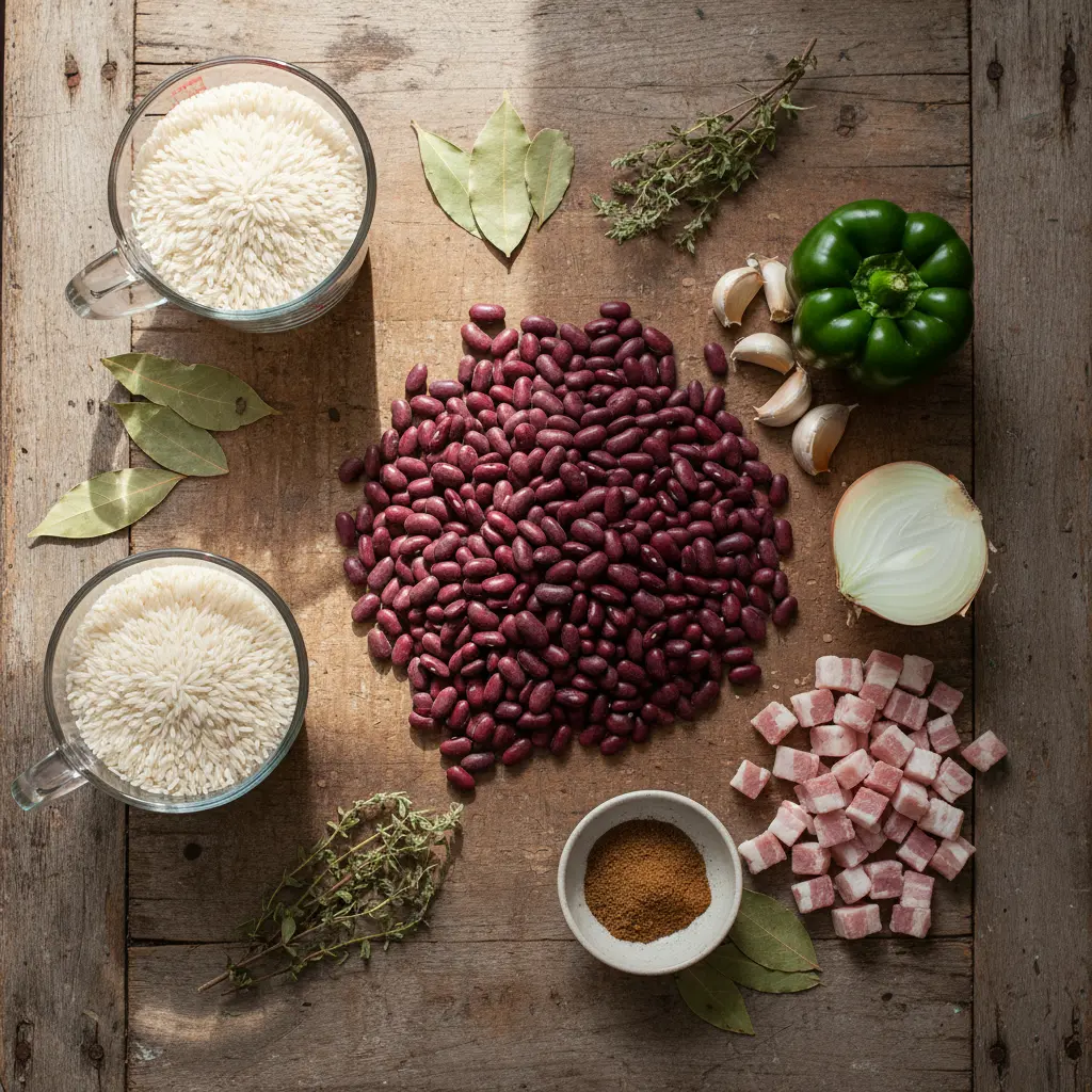 Ingredientes crudos para arroz congris cubano: frijoles rojos, arroz blanco, cebolla, ajo, pimiento verde, panceta, especias.