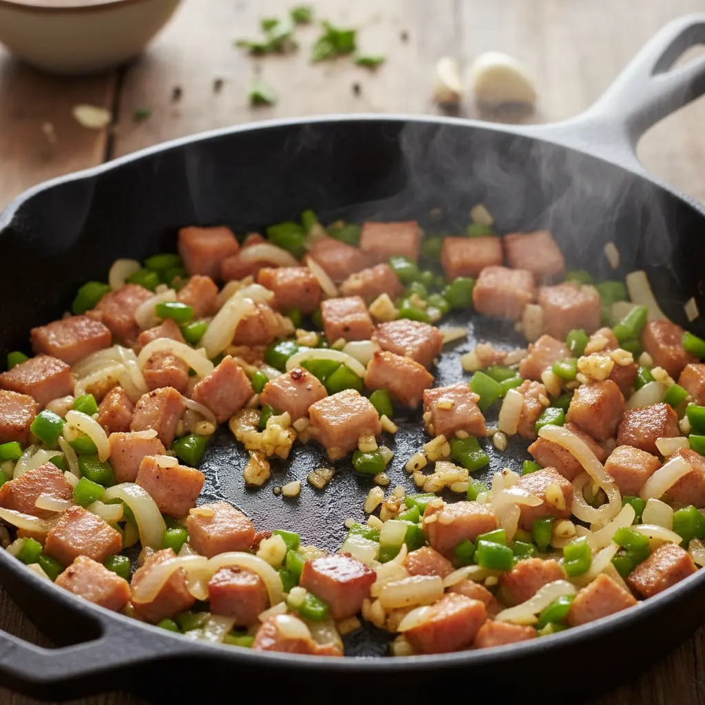 Sofrito cubano vibrante en sartén: panceta dorada, cebolla, pimiento y ajo.