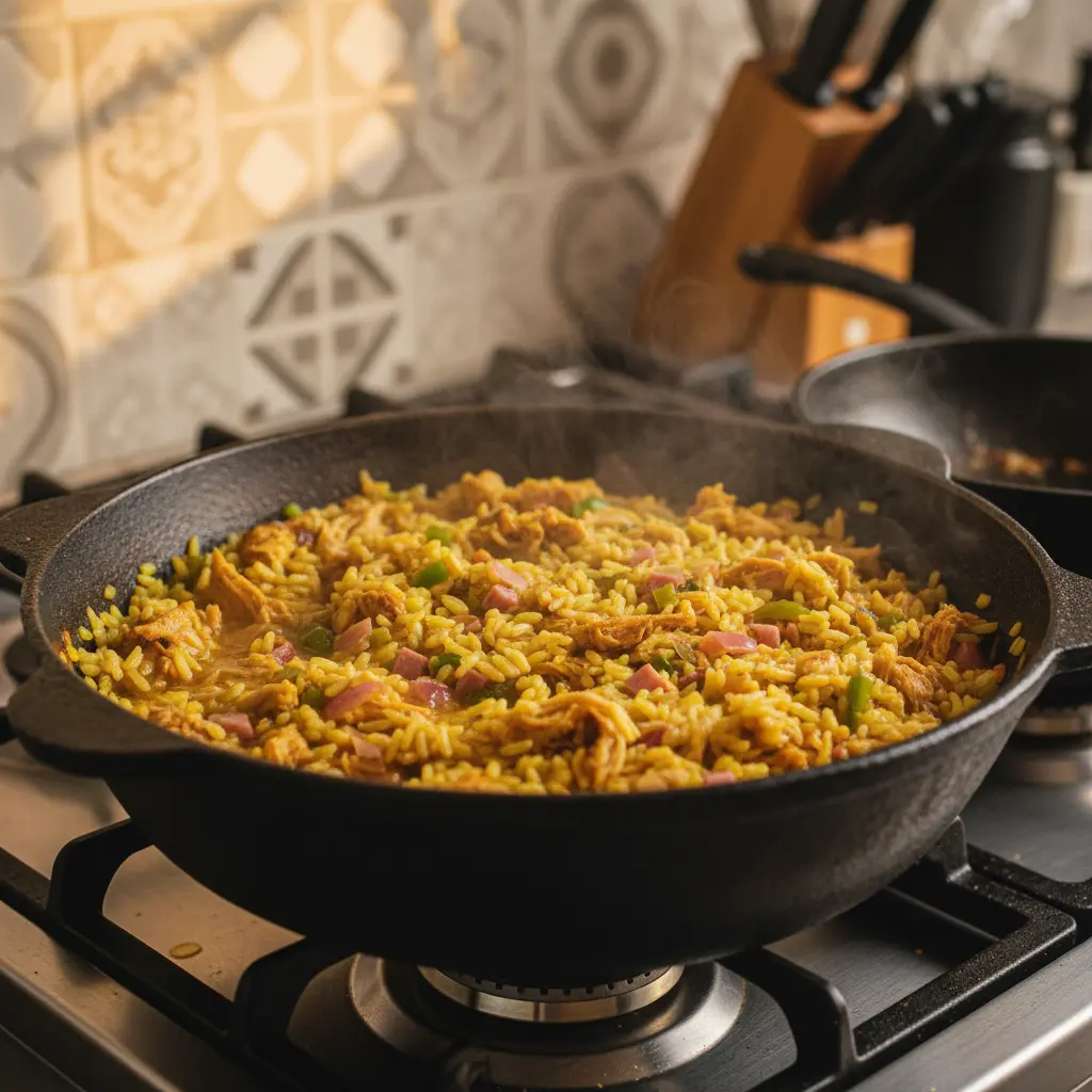 Arroz imperial cubano en caldero con sofrito, pollo y jamón. Cocción en estufa.