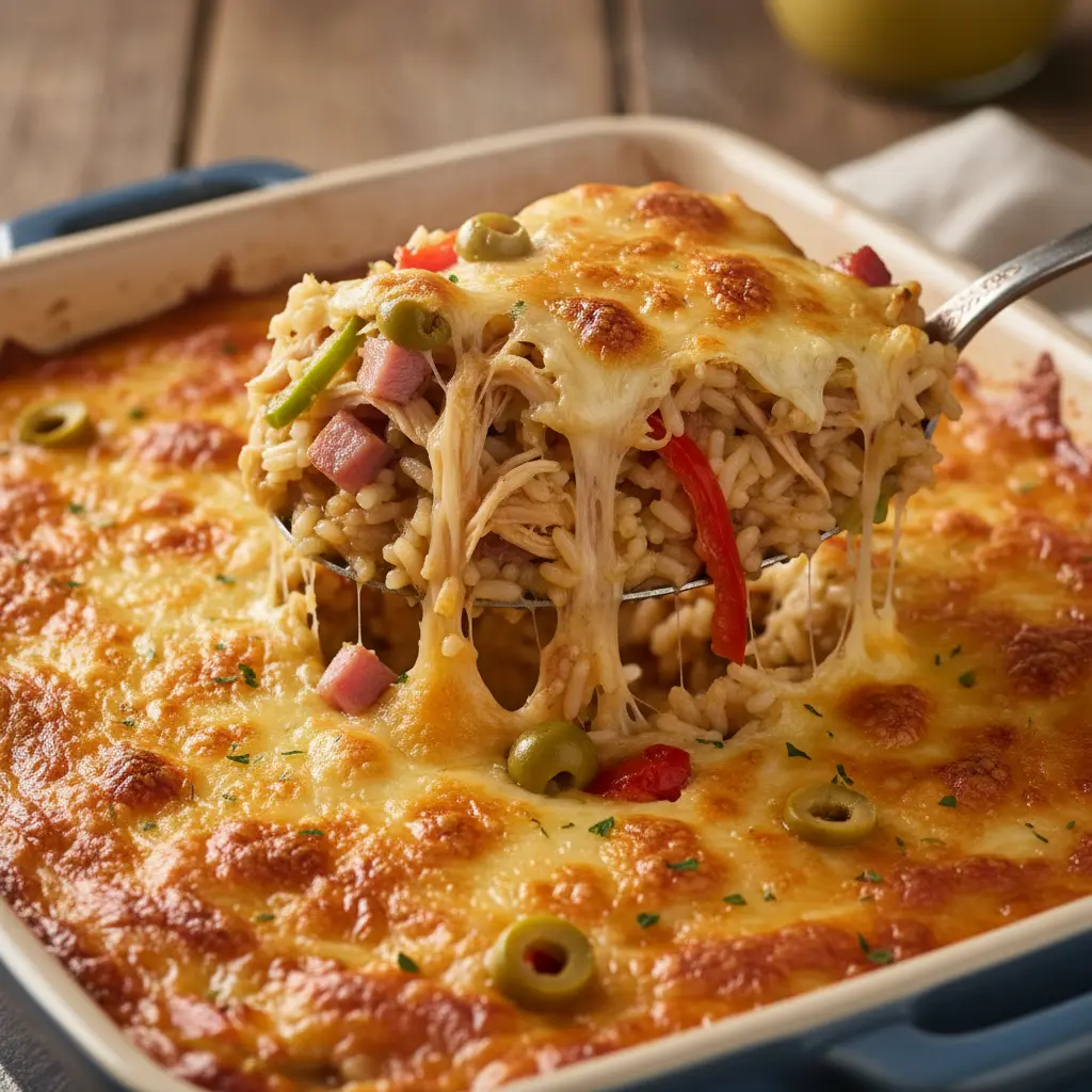 Arroz imperial cubano gratinado con pollo, jamón y pimientos, textura esponjosa y húmeda.