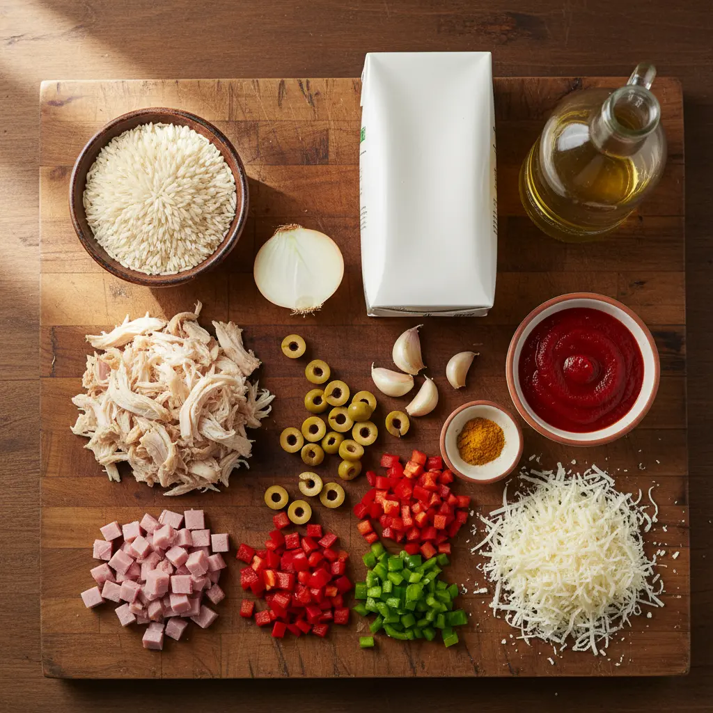 Ingredientes frescos para Arroz Imperial Cubano: arroz, pollo, jamón, aceitunas, pimientos, cebolla, ajo, tomate, caldo, aceite, colorante, queso.