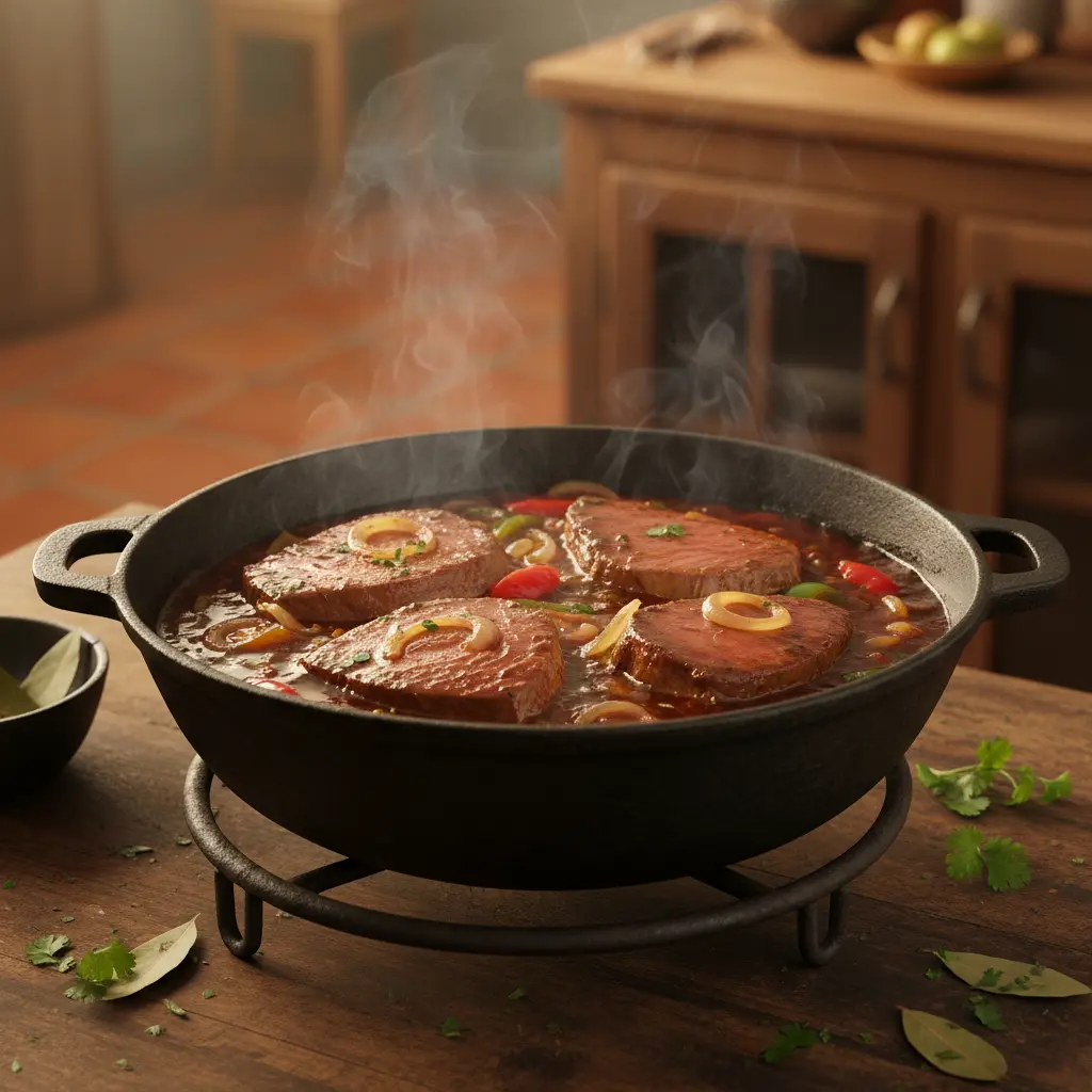 Filetes de atún en adobo oscuro en caldero cubano tradicional.