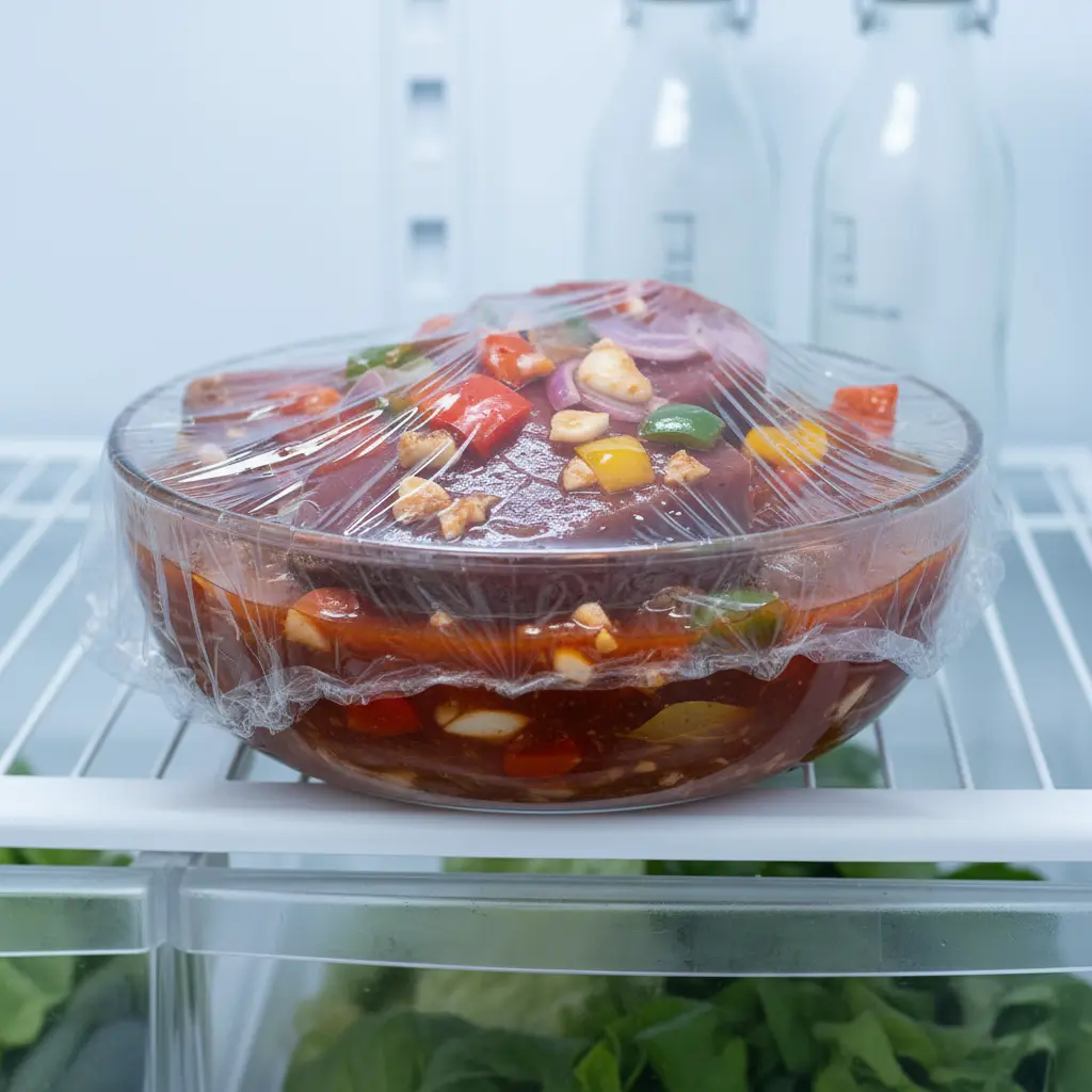 Filetes gruesos de atún marinando en adobo con ajo, cebolla y pimiento en tazón.