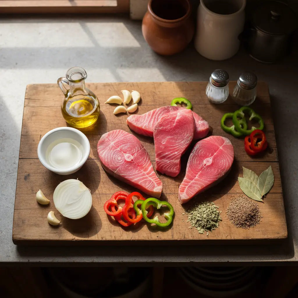 Ingredientes frescos para atún cubano en adobo: filetes de atún, ajo, cebolla, pimientos, vinagre, aceite, especias.