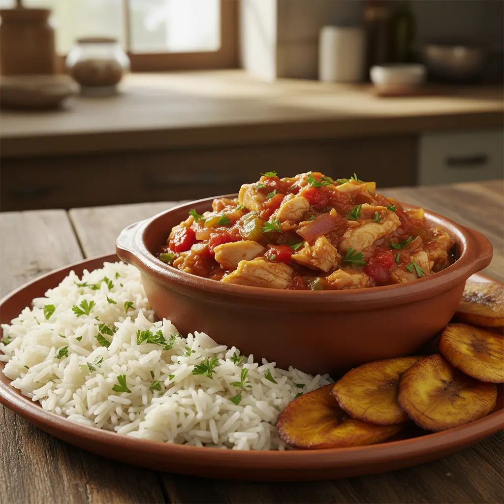 Bacalao a la cubana con arroz blanco y maduros fritos, perejil picado.
