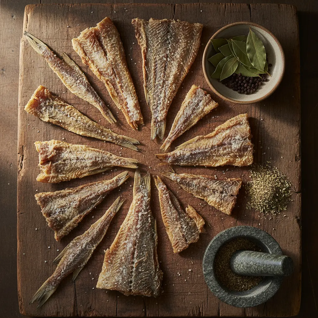 Bacalao salado seco en tabla rústica con hierbas y especias. Luz natural.