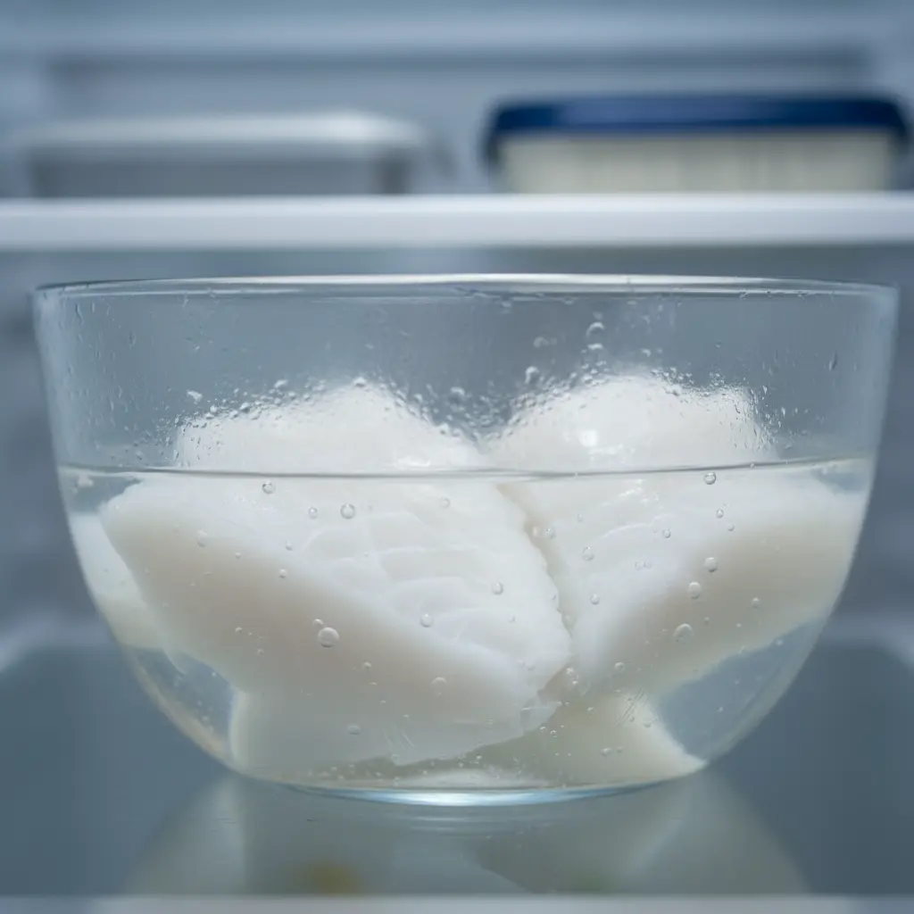 Filetes de bacalao desalado rehidratándose en agua fría en un bol de cristal.