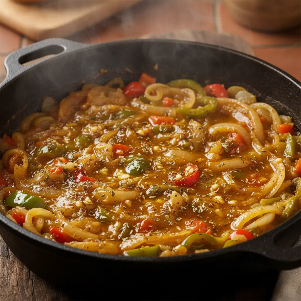 Sofrito cubano vibrante en caldero: cebolla, pimientos, ajo, aceite, especias.