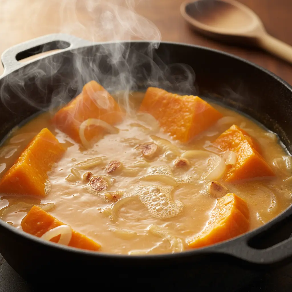 Calabaza cubana tierna en caldero, cocinándose con cebolla y ajo. Vapor y burbujas.
