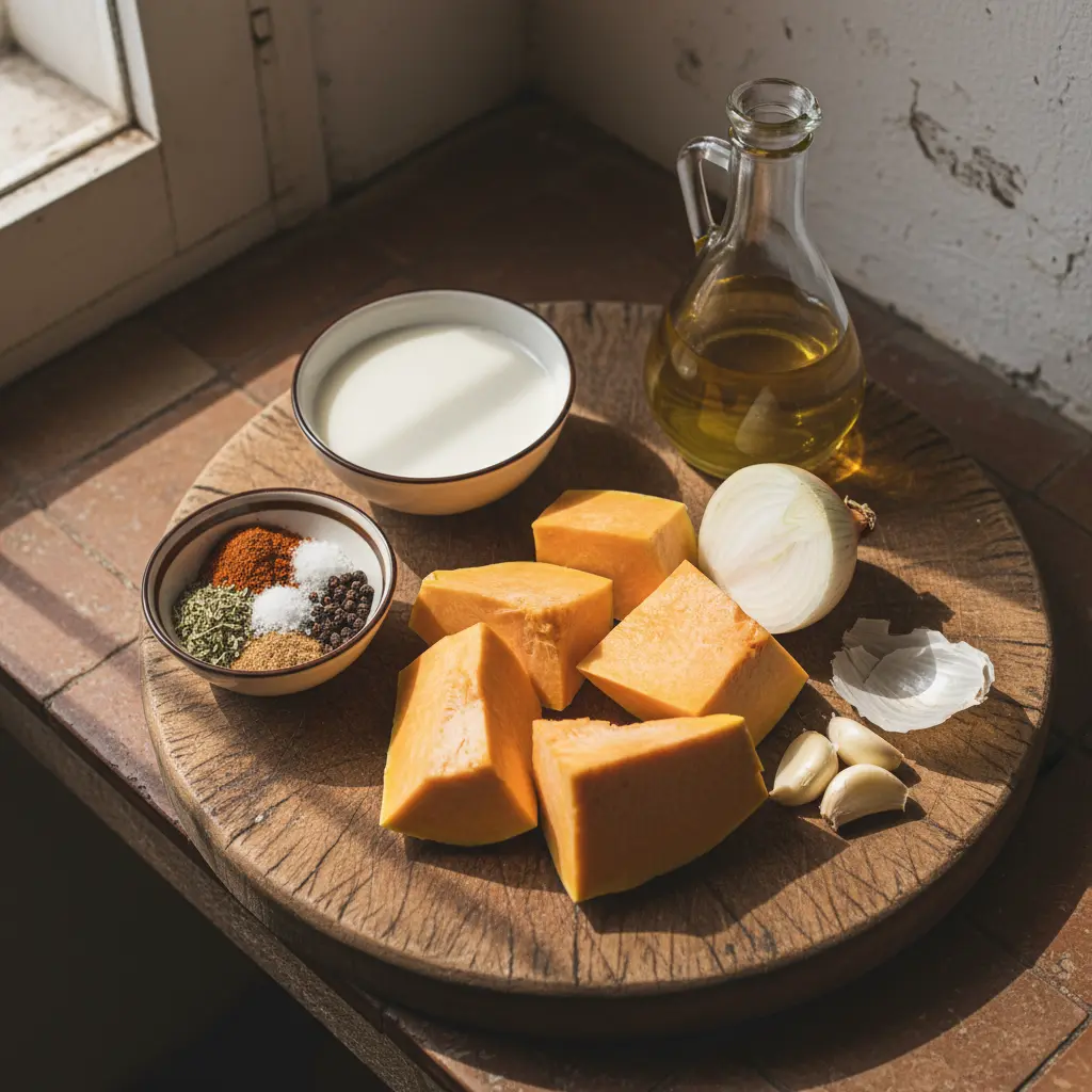 Ingredientes crudos para puré de calabaza cubano: calabaza, cebolla, ajo, leche, especias.