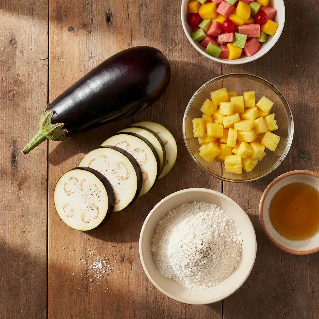 Ingredientes frescos para berenjena frita cubana: berenjenas, piña, salsa de frutas, harina, aceite.