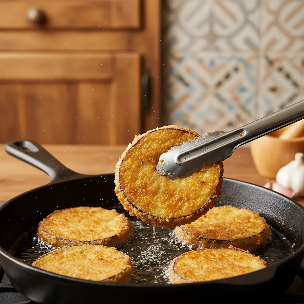 Rodajas de berenjena frita dorada y crujiente chisporroteando en sartén caliente con pinzas.