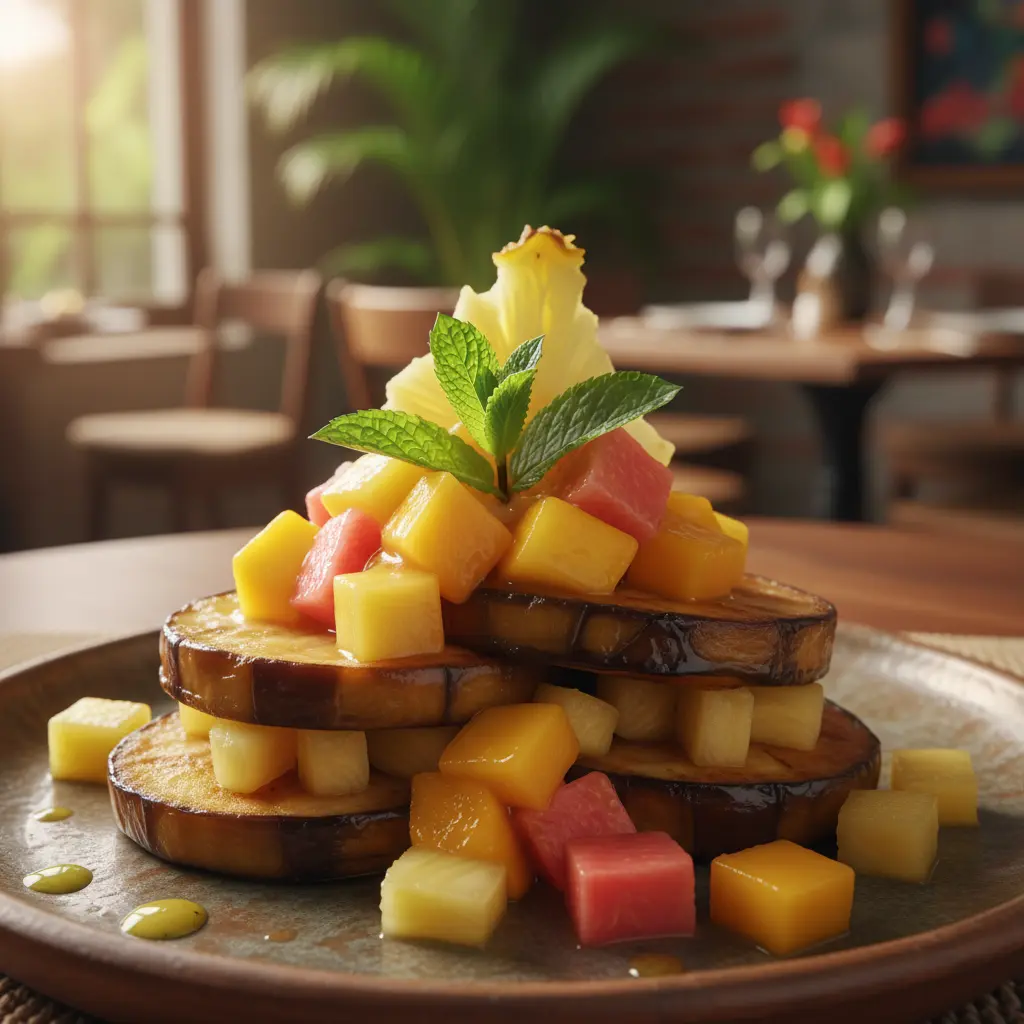 Ronda de berenjena frita cubana con piña, mango y guayaba en salsa de frutas.