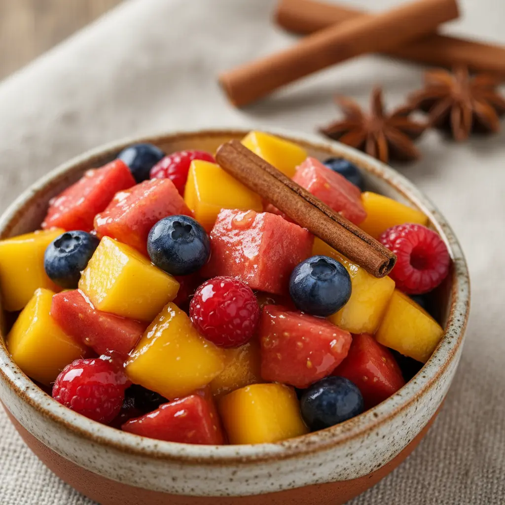 Salsa de frutas tropicales con mango, guayaba y bayas, consistencia espesa y brillante.